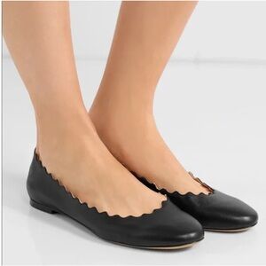 Chloe Lauren Scalloped Black Leather Flats - 39 EU